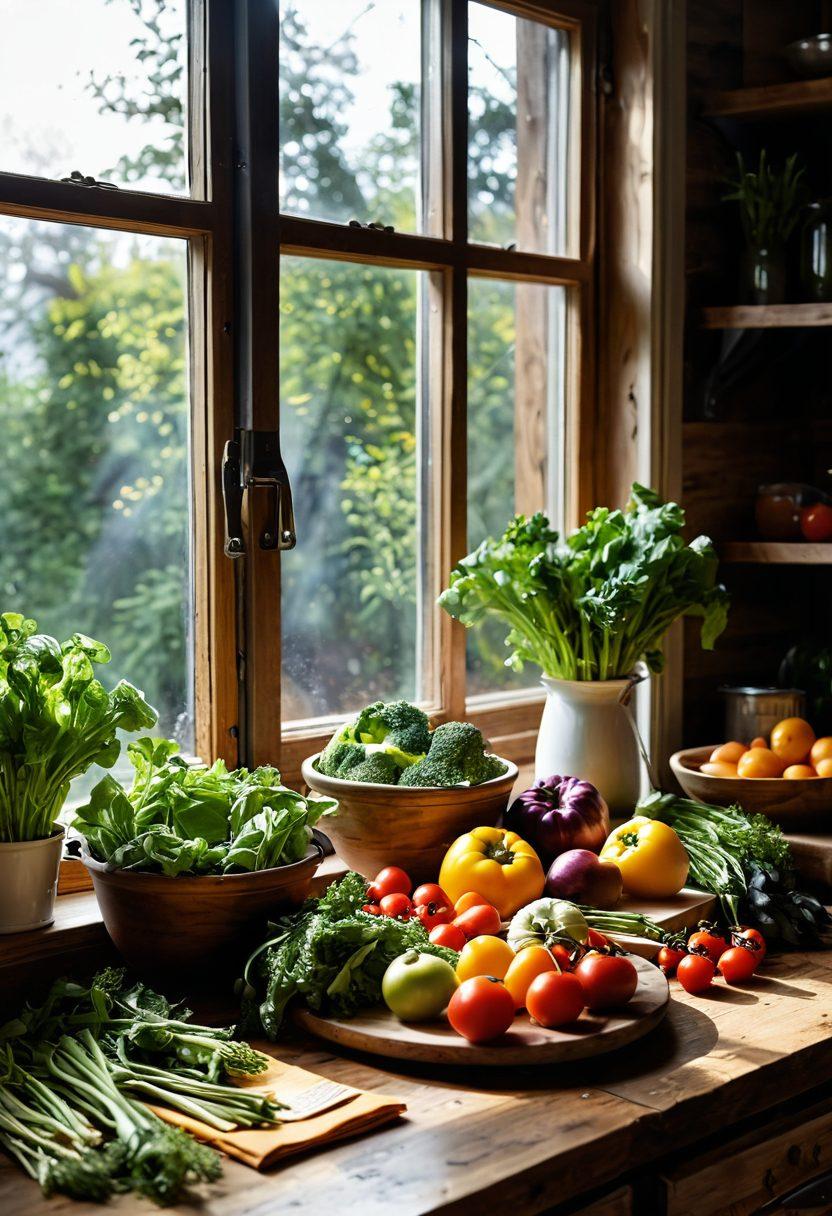 A bright, inviting kitchen scene showcasing an array of fresh, organic ingredients like colorful vegetables, fruits, and herbs arranged artfully on a wooden table. A rustic cookbook opened to a healthy recipe, with a steaming, delicious dish in the foreground. Sunlight streaming through a window, casting warm light on everything, suggesting warmth and comfort in cooking. A hint of a garden visible through the window, reinforcing themes of sustainability and wellness. vibrant colors. super-realistic.