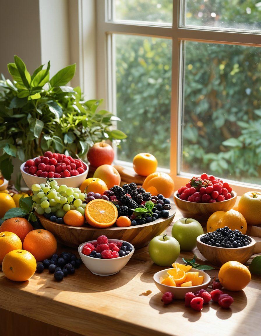 A vibrant kitchen scene with a wooden table overflowing with assorted colorful fresh fruits like berries, oranges, and apples. A cookbook featuring healthy recipes opened beside a cutting board with a knife and a bowl of fruit salad. Sunlight streams through a window, creating a warm atmosphere of sustainability and health. Include greenery in the background and sustainable kitchen utensils such as bamboo bowls. bright colors. super-realistic.