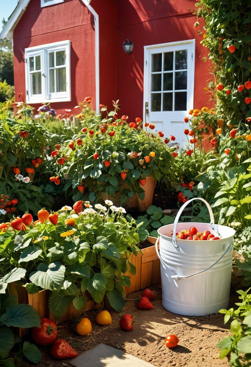 A lush, vibrant home garden featuring a variety of vitamin-rich fruits like strawberries, tomatoes, and peppers growing organically. Include eco-friendly gardening tools like a compost bin and watering can made from recycled materials. Show a sunlit setting with butterflies and bees pollinating the flowers, and a person happily tending to the plants in the background. The scene conveys freshness, sustainability, and a thriving home ecosystem. super-realistic. vibrant colors. bright sunny background.